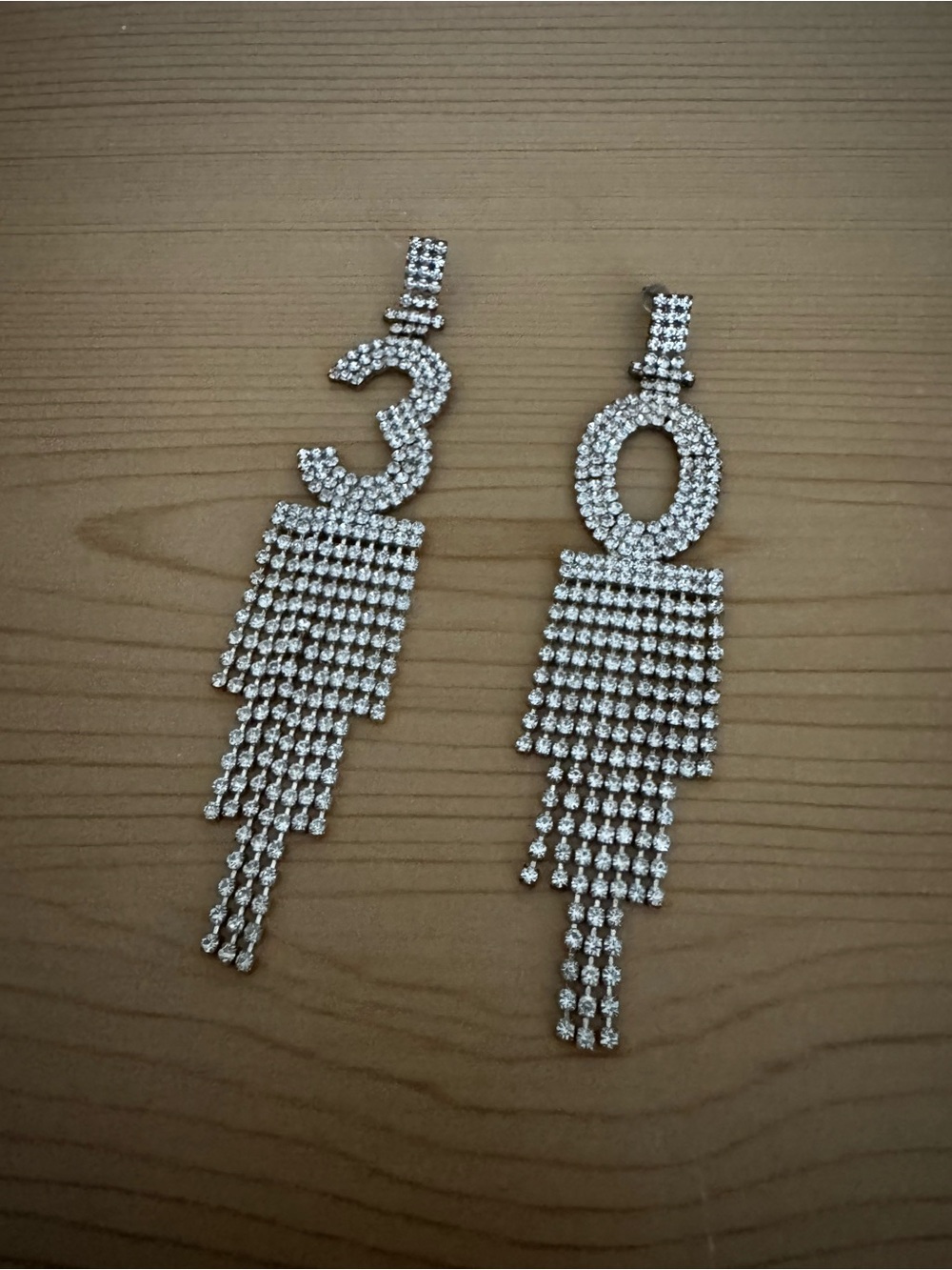 Crystal Fringe Number Drop Earrings - Silver Rhinestone 30 Design